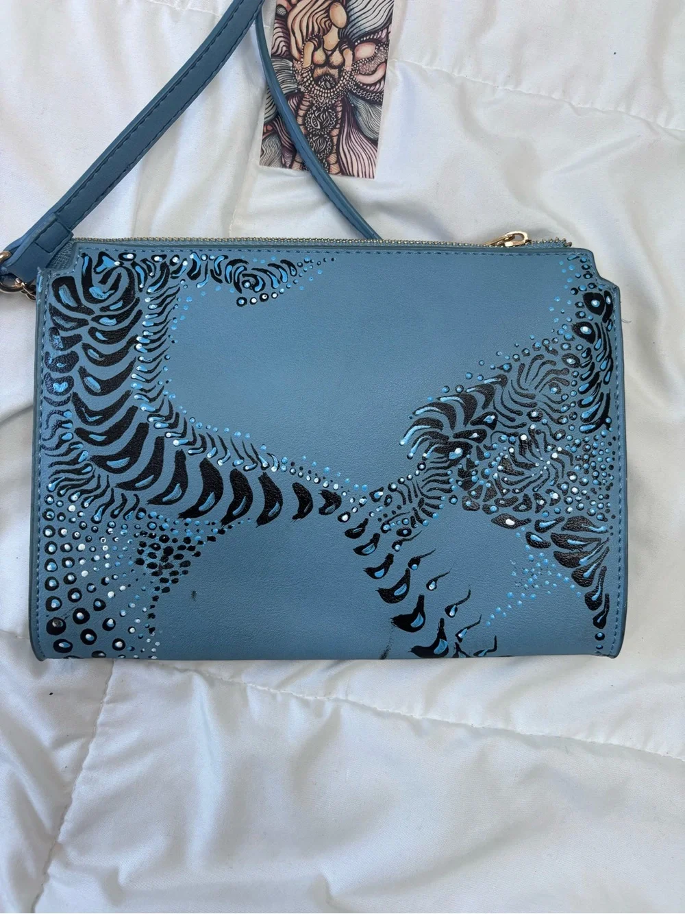 Blue Patterned Crossbody Bag. Hand painted. One of a kind.